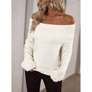 Pull en tricot côtelé à manches longues et épaules dénudées pour femme, couleur blanc cassé, pour l'automne et l'hiver - Product Image 6