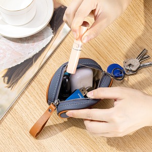 Ando Bag Genuine Cowhide Leather Oval Coin <b>Purse</b> with Keychain Small Zipper Wallet with Wrist Loop - Product Image 2