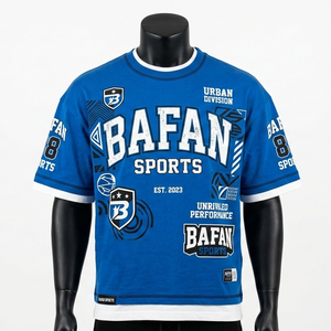 เสื้อยืดผู้ชายผ้าเจอร์ซีย์ผสมคอตตอนโพลีเอสเตอร์สองชั้น หนา 200 GSM ด้านนอก 160 GSM ด้านใน สีน้ำเงินรอยัล ขอบสีขาว สกรีนโลโก้ตามสั่ง - Product Image 4