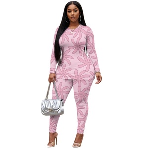 按需印花热带Tiare花夏威夷印花圆领上衣 & 松紧裤定制女性长袖瑜伽套装2件套 - Product Image 1