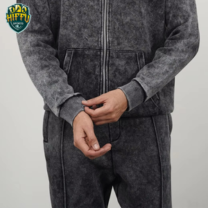 <b>Men's</b> Zipper Tracksuit 100% Cotton Acid Wash Heavyweight Custom Logo <b>Flared</b> <b>Trouser</b> and Zipper Hoodie Set For <b>Men's</b> - Product Image 3