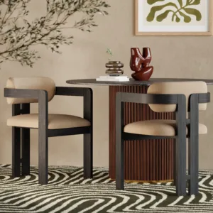SINTERIOR WALNUT <b>BLACK</b> WOODEN FRAME, BEIGE CUSHION SEAT & BACKREST CURVED <b>DINING</b> <b>CHAIR</b> - Product Image 2