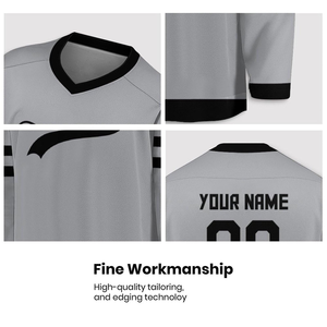 Jersey Hoki Kustom Abu-abu Hitam Seragam Tim Sublimasi Kerah V Lengan Panjang Nama Pemain Nomor Nama Tim Logo Pakaian Atletik - Product Image 6