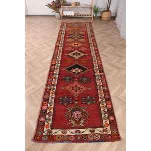 Vintage Rug, <b>Runner</b> 3.1x11.8 ft Rug, Herki <b>Red</b> Moroccan Rug - Product Image 1