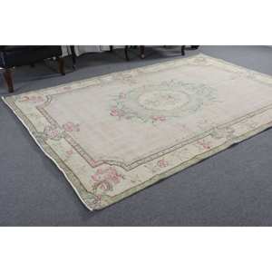 Alfombra Clásica Beige Verde de 6.4 x 9.6 pies, Ecológica, Tradicional, de Lana, Diseño Turco Aubusson, Patchwork, Látex, para Comedor - Product Image 4