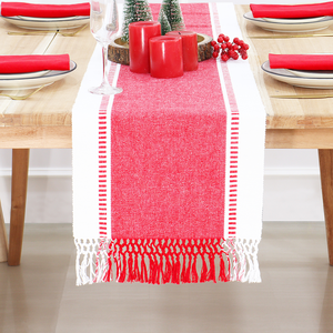 Chemin de table tissé à rayures Dobby Rouge/Blanc Côtelé Summer Farmhouse Design 14x90 pour salle à manger - Product Image 1