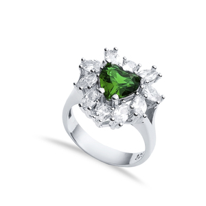 <b>Emerald</b> CZ Stone Heart Shape <b>Silver</b> Cluster Stony <b>Ring</b> Handcrafted 925 Sterling Fine Jewellery Handmade Jewelry - Product Image 1