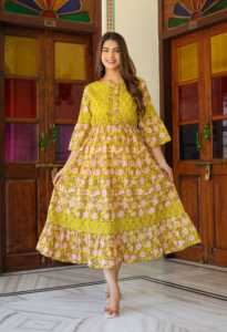 Robe Anarkali en coton lurex vert à imprimé floral avec manches évasées, tissu doux et confortable, col rond, idéale pour les femmes - Product Image 6