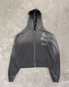 Personalizado desgastado bordado cremallera sudaderas gráfico pesado de gran tamaño de algodón Streetwear Vintage ácido lavado Zip up hombres Sudadera con capucha - Product Image 2