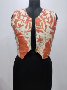 <b>Women's</b> Sleeveless 100% Cotton Handmade Embroidered V-Neck <b>Waistcoat</b> Front Open Zipper Design Closer Pockets Trendsetter Vest - Product Image 4