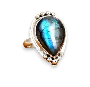 Women's Chunky Boho Sterling Silver <b>Labradorite</b> Gemstone <b>Ring</b> Teardrop Stone Wedding Jewelry - Product Image 1