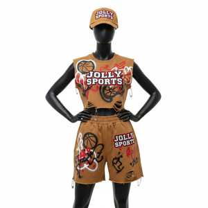 Ensemble t-shirt sans manches et short en molleton de coton premium pour femmes, 300 GSM, aspect vieilli marron, logo personnalisé, 100% coton, ensembles pour femmes - Product Image 6