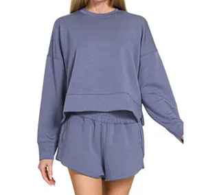 2025 nouveauté sweat personnalisé et short 2 pièces ensemble pour les femmes au-dessus du genou solide décontracté à manches longues grande taille - Product Image 3