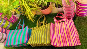 Rpet ถุงช้อปปิ้งไนล่อนแบบมีซิปใช้ซ้ำได้เป็นมิตรต่อสิ่งแวดล้อมผ้าทอมือลายทางทำจากผ้าไนล่อนสำหรับชายหาดผลิตในอินเดีย - Product Image 2