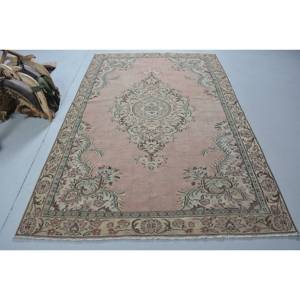 Tapis turc vintage classique rose vert Patchwork Design fait à la main laine Latex support Rectangle 5.5x8.6 pieds pour chambre couloir - Product Image 1