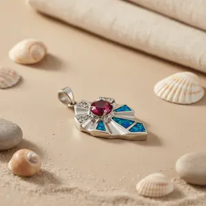 จี้เงินแท้ 925 สไตล์ศาสนาสำหรับผู้หญิง ประดับด้วยทับทิมและโอปอล คริสตัลรับรองโดย GIA  ทอง 14K ประดับอัญมณ์  ทองคำขาว  ทองคำชมพู - Product Image 2