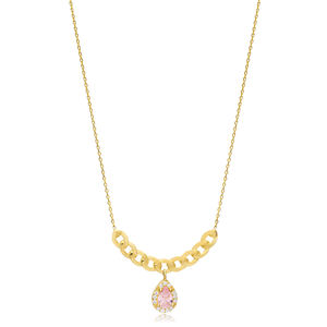 Forma ovalada cuarzo rosa CZ piedra brillante encanto collar 925 joyería de plata colgante al por mayor turco - Product Image 1