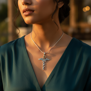 Pendentif caducée en argent 925 plaqué rhodium avec motif d'ailes géométriques pour femmes - Cadeau de bijoux chrétiens - Product Image 2