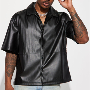 NEW 2024 style Black Summer Custom Logo Men Blank Faux PU Leather <b>Short</b> <b>Sleeve</b> <b>Button</b> <b>Up</b> Shirts - Product Image 3