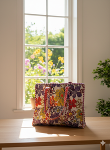 Sac fourre-tout matelassé imprimé à la main de style bohème vintage blanc, personnalisable, avec fermeture éclair, sac à bandoulière pour le shopping, fait main pour femmes - Product Image 2