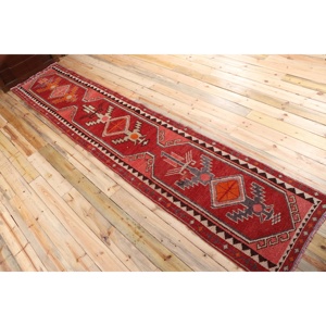 พรมวินเทจขนาด 2.7x13.8 ฟุต, พรมเฮอร์กี, พรมลายจุดสีแดงทำจากขนสัตว์ - Product Image 4