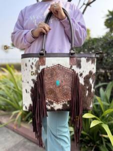 New Designer <b>Women</b> Cowhide Fur Fringe Tote <b>Bag</b> Stylish Lather Purse Hair on Hide Carving Hand Tooled <b>Bags</b> for Multi Use - Product Image 5