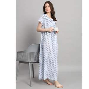 Chemise de nuit en dentelle 100% coton pour femmes, manches courtes, longueur totale, tissu respirant, imprimé floral au col, élégante, printemps automne - Product Image 1