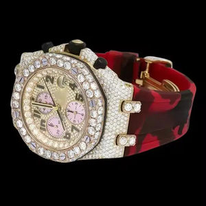 Nouvelle montre en or jaune plaqué de haute qualité en gros, style antique, avec bracelet en caoutchouc, sertie de moissanite, bijoux hip-hop, prix de fabrication - Product Image 1