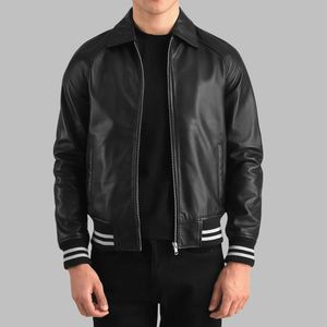 Bomber universitaire en cuir de mouton noir pour hommes, veste à rayures classique, vente en gros en usine - Product Image 1