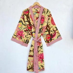 Bata Kimono Unisex 100% Algodón Puro, Transpirable, con Cuello en V, Cierre de Cinturón, Estampado de Aves, Larga, Suave, para Dormir, Descansar o Usar en la Playa - Product Image 1