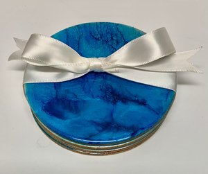 Posavasos de madera y resina hechos a mano exquisitos, piedra de mármol con incrustaciones de hojas de oro, juego de posavasos de protección de bebidas decorativas - Product Image 1
