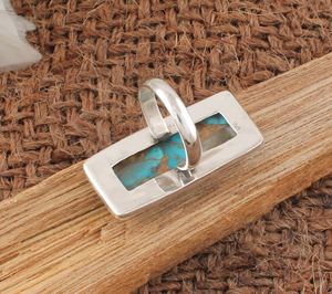 Handmade Vintage Style <b>Boho</b> <b>Silver</b> Bezel Setting <b>Ring</b> with Oyster Copper Turquoise Gemstone Rectangle Shape Wedding Party Women - Product Image 4