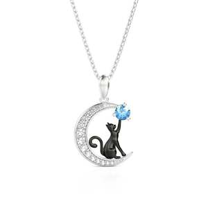 Jeulia Custom <b>Black</b> <b>Cat</b> Moon Pendant Necklace with Birthstone - Product Image 1
