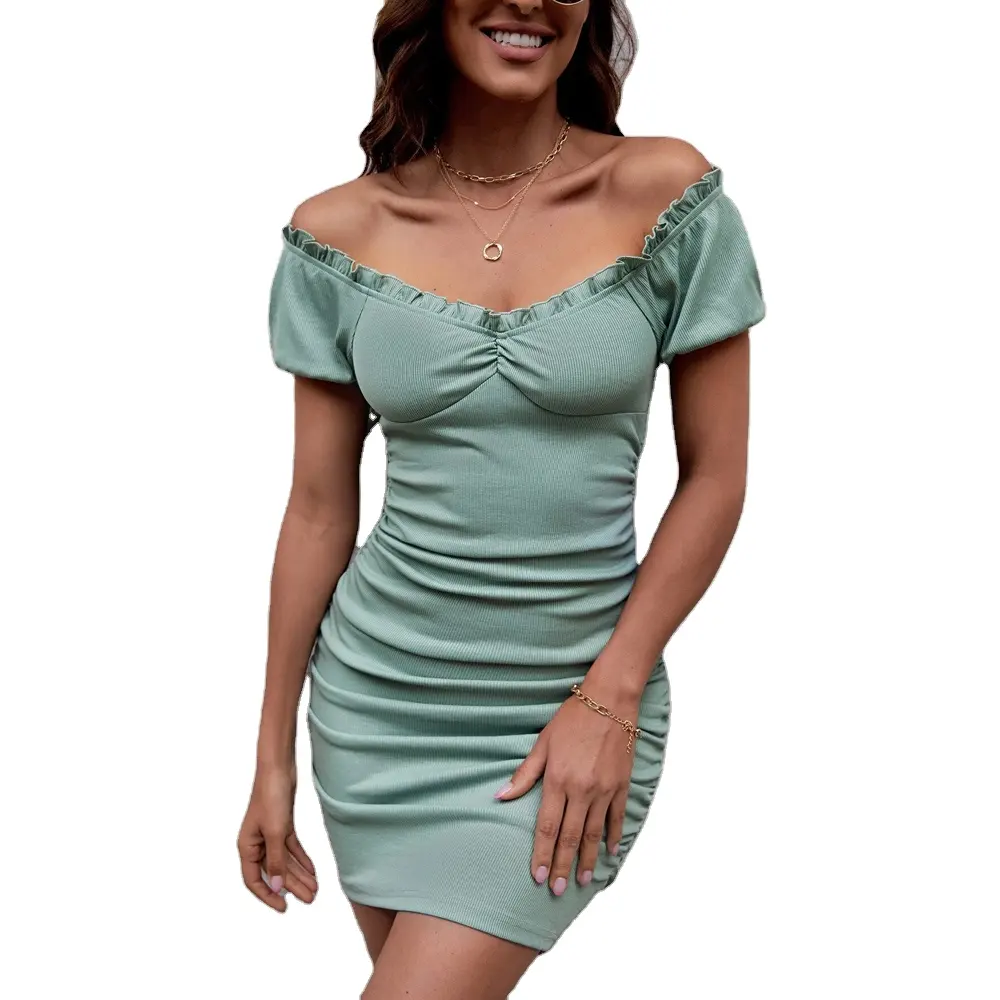 RTS Women's Sexy Sweet Casual Green Off Collar Bodycon Mini Dress