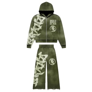 2026 Trending Men's Custom Casual Streetwear Jogger Sets <b>Distressed</b> Patchwork Embroidery Tracksuits for Men Women 100% Cotton - Product Image 1