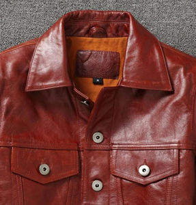 Real Top Grade Leather Jacket Men Genuine New Wine <b>Red</b> Oil Wax Cowhide Short Motorcycle Leather Jackets for Men Slim Coats - Product Image 4