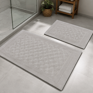 Juego de Alfombras de Baño Tejidas en Jacquard con Hilo de Algodón Reciclado Teñido, Color Gris Claro, 40x60 cm + 60x100 cm, Fabricante Turco - Product Image 3
