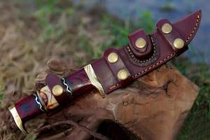 Cuchillo de supervivencia para caza y camping al aire libre de acero de Damasco hecho a medida con hoja fija Funda de cuero Soporte OEM - Product Image 5