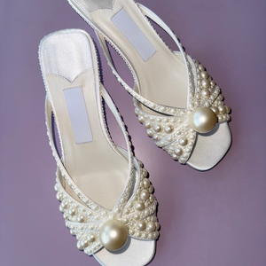 Sandales à talons hauts peep toe élégantes et raffinées pour femmes, chaussures de mariée sexy faites à la main avec perles, escarpins à talons aiguilles pour robe de soirée - Product Image 6