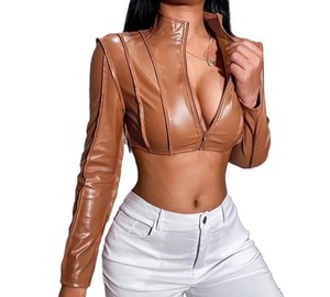 Veste tendance de haute qualité à col montant, tendance, vente en gros de vestes pour femmes, vestes en cuir personnalisées de longueur courte - Product Image 4