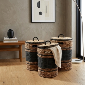 Natural Banana Bark Recycled <b>Plastic</b> <b>Basket</b> Set Black Stripe Laundry Hamper With Lid Clothes Bin Setup Pure Art Room Decor Craft - Product Image 4