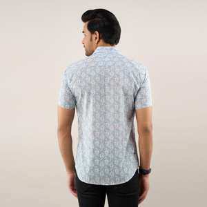 เสื้อเชิ้ตลำลองผู้ชายลายดอกไม้สีฟ้าอมเทาเสื้อ100% ผ้าฝ้ายทรงพอดีตัวปกติเสื้อตัวเดียวกันยับไม่ยับสำหรับผ้าทอในสำนักงาน - Product Image 1