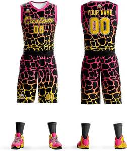 ชุดบาสเก็ตบอลแบบซับลิเมชั่นสั่งทำพิเศษ สีชมพูนีออนเขียวลายพิมพ์นามธรรม เสื้อเจอร์ซีย์และกางเกงขาสั้น - Product Image 3