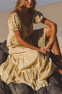 Venta al por mayor de ropa de mujer bohemio bloque de mano impreso de algodón Maxi Vestido de manga Puff Floral Vestido de playa para las mujeres vestido largo - Product Image 4