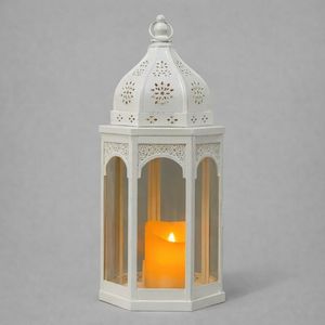 White Metal <b>Tall</b> Moroccan <b>Lantern</b> with Glass Panels Intricate Cutwork Soft LED Glow for Elegant Home Decor and Gifting - Product Image 3