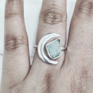 Joyería de piedra en bruto, anillo de mujer, aguamarina Natural, piedra preciosa en bruto, piedra natal de marzo, anillo de luna creciente, anillo de Plata de Ley 925 - Product Image 3