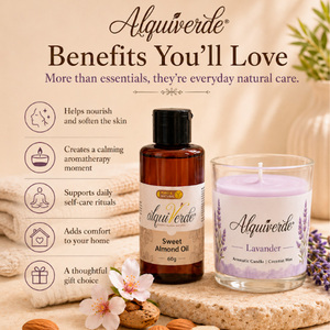 Kit de rituel de sommeil à la lavande Alquiverde - Pot en verre artisanal avec 60g d'huile d'amande douce et 70g de bougie à la lavande - Prix abordable - Product Image 2