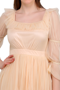 Luxury Designer Peach Midi <b>Dress</b> for Women Trending Party Wear Square Neck Puff Sleeve Layered <b>Ruffle</b> <b>Dress</b> Premium Look - Product Image 2