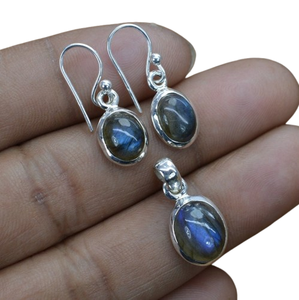 925 argent massif classique boucles d'oreilles pendentif ensemble bijoux pour femmes 925 argent Sterling Labradorite pierres précieuses Style Boho fait à la main - Product Image 1