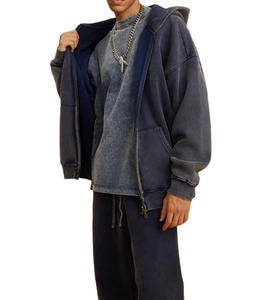 Sweat à capuche 100% coton lavé à l'acide pour hommes, veste Streetwear avec logo personnalisé, sweats à capuche avec fermeture éclair pour hommes - Product Image 3